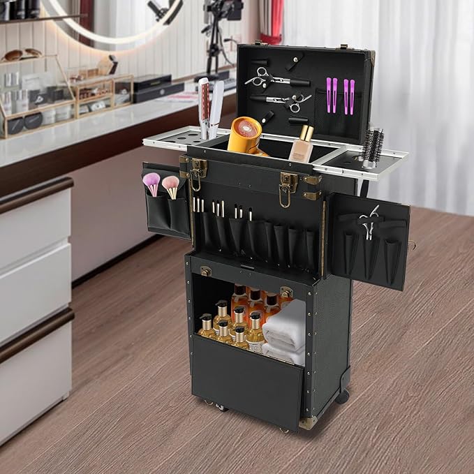 Rolling Lockable Makeup Train Case, Beauty Salon Luggage Hairdressing Trolley Stylist Beauty Salon Cosmetic Luggage Travel Organizer Tool Box for Professional Hairdressers(Balck)