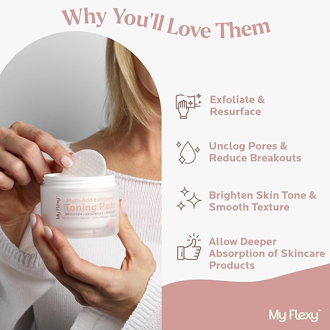 Multi Acid Toner Pads, Exfoliating Face Pads with Glycolic, Lactic, Mandelic, Kojic, & Salicylic Acid. Skin Pore Reducing, Toning, Resurfacing Facial Treatment for Wrinkles & Dull Skin - 50 Count