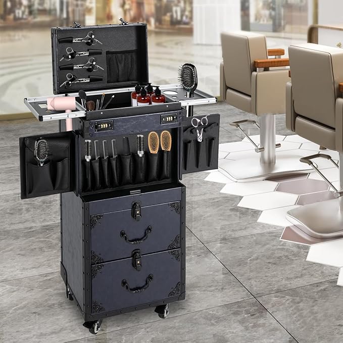 Rolling Makeup Case, Professional Makeup Train Case Hair Salon Luggage Hairdressing Trolley Travel Organizer Lockable Box with 3 Drawers Professional Makeup Case with Wheels(Balck Blue)