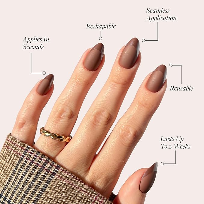 Glamnetic Press On Nails - Terra | Short Almond Dark Brown Nails with Glossy French Tips in a Matte Finish | 15 Sizes - 30 Nail Kit with Glue