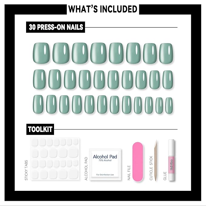 Okiyomi Blue Press on Nails - Sea Foam Cat Eye Press on Nails | Magnetic Turquoise Shimmer | Short Ballerina Squoval Shape | 15 Sizes - 30 Soft Gel Fake Nails with Glue and Stick On Tabs