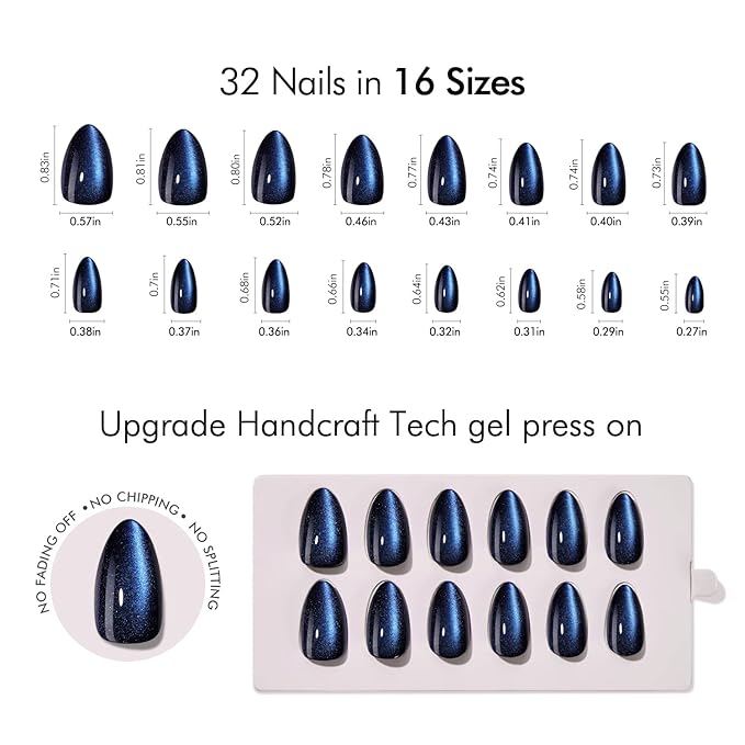 VSALON Press on Nails Short Almond - Blue Cat Eye Chrome Glue On Nails Kit for Women, Reusable Opaque Gel Stick on Nails with Glue & Cuticle Oil - 32 PCS Fake Nails in 16 Sizes (Midnight Tide)