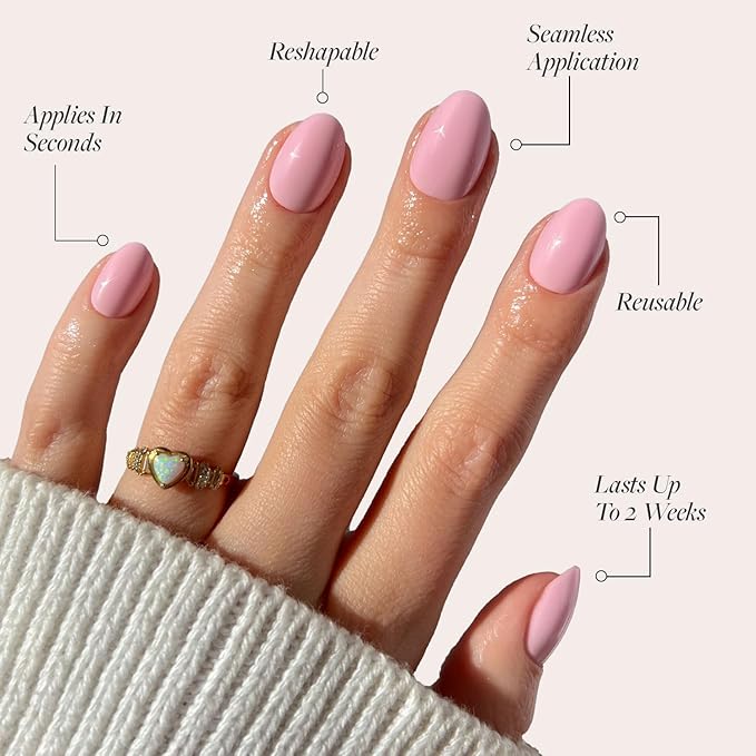 Glamnetic Press On Nails - Think Pink | Solid Opaque Light Pastel Pink Short Oval Nails, Salon Quality | 15 Sizes - 30 Nail Kit
