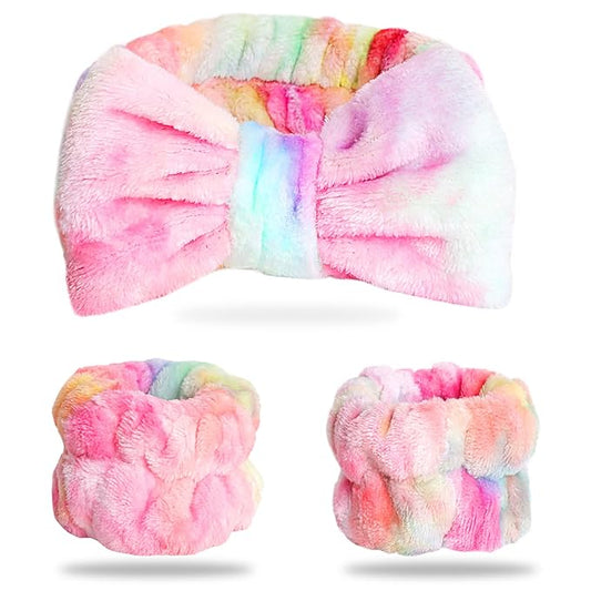 WSYUB Spa Headband and Wrist Bands, Makeup Headband and Wrist Towels for Washing Face, Fuzzy Bow Headbands, Soft Facial Head Bands, Shower Skincare Hair Sleepover Party Supplies