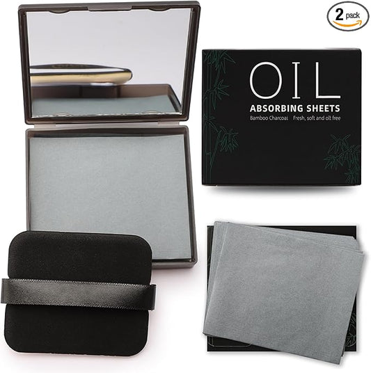Erinde Oil Blotting Sheets for Face with Mirror and Puff, 300 Sheets Oil Blotting Paper for Oily Skin, Face Oil Absorbing Sheet, Natural Oil Control Film, Absorb Excess Oil, Bamboo Charcoal