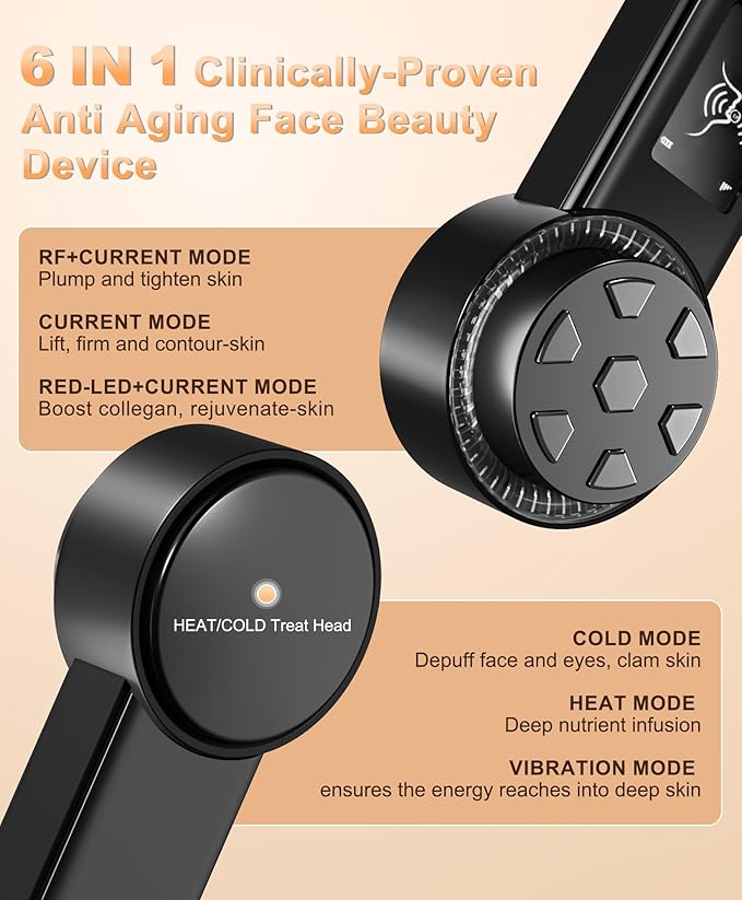 Radio Frequency Skin Tightening Device | 6 in 1 Home RF Face Beauty Device | Professional Facial Skin Tightening | Lifting | Wrinkle Reducing | Anti Aging | Depuff | Increase Absorption(with Gel)