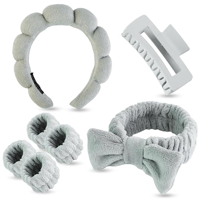 Yaqulen 7 Pcs Spa Set, Facial Headband and Wristband Set, Skincare Accessories, College Style Girl Idea Gifts, Hair Accessories for Women and Girls（Grey）