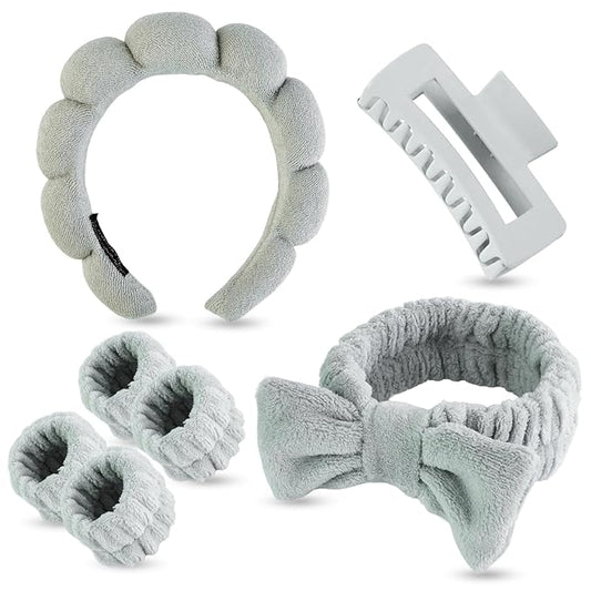 Yaqulen 7 Pcs Spa Set, Facial Headband and Wristband Set, Skincare Accessories, College Style Girl Idea Gifts, Hair Accessories for Women and Girls（Grey）