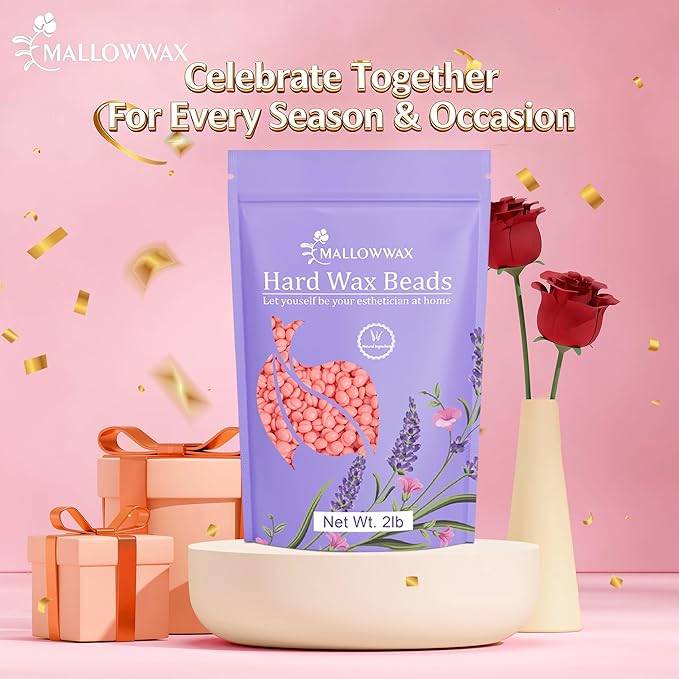 Mallowwax Hard Wax Beads for Hair Removal, 2LB – Premium Hair Removal Wax Refill for Sensitive Skin with Rose Formula, Ideal for Facial and Brazilian Areas