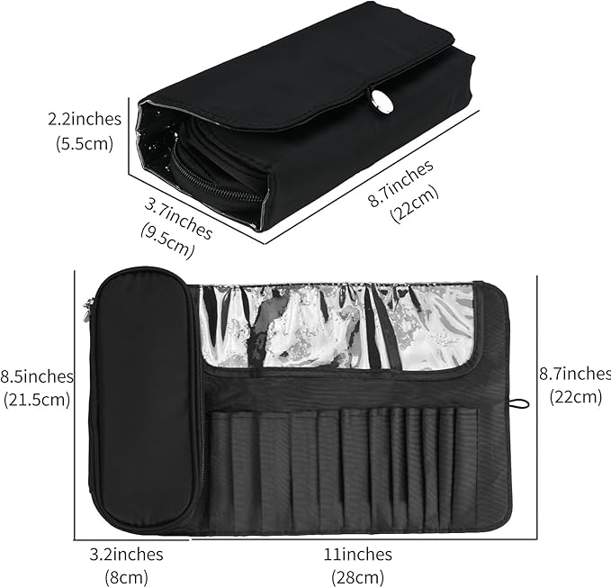 LUEXBOX Portable Folding Makeup Brush Bag, Multifunctional Cosmetics Rolling Storage Case Makeup Brush Holder for Travel, Makeup Brush Organizer Bag (Black)