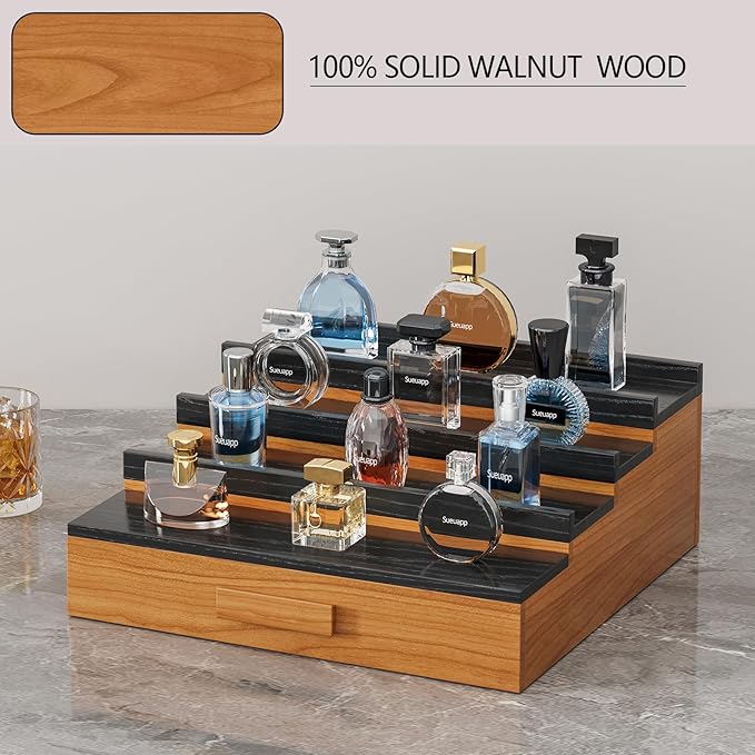 Solid Walnut Cologne Organizer for Men,4 Tier Cologne Stand Display Shelf with Hidden Storage and Drawer,Perfume Stand Organizer,Perfume Holder Great Gift for Men Father