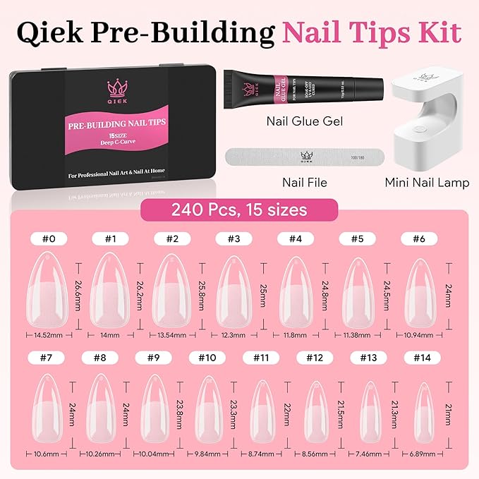 Qiek Medium Almond Pre-Building Nail Tips Kit, 15 Sizes 240 PCS Pre-shaped Apex Pink Thick Extensions Tip Soft Half Matte Press On Fake Nails Glue Gel Nail Lamp for DIY Beginners & Salon Manicure