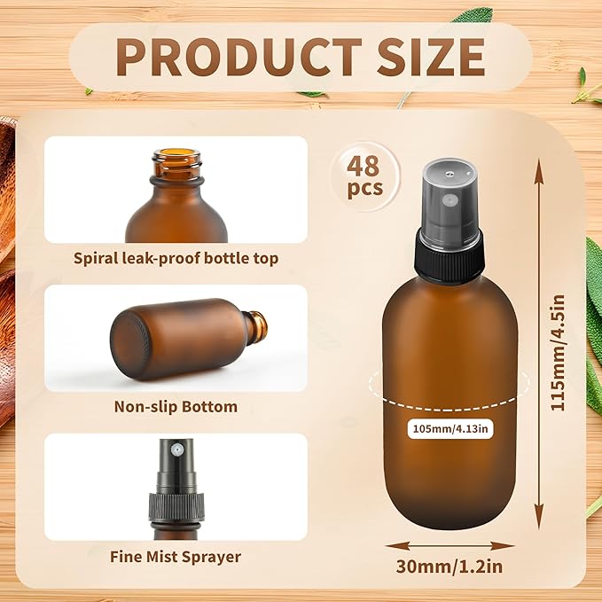 BILLIONSTARS 48 Pack 2oz Glass Boston Round Bottle with Fine Mist Sprayer - Amber Frosted - Essential Oils, Bath, Beauty, Hair & Cleaning - Leakproof Travel Bottles