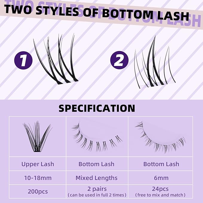B&Qaugen Eyelash Extension Kit with Bottom Lash Extension 10-18mm 30D D Curl Lash Clusters Kit with Bottom Lashes DIY Lash Extension Kit Bond and Seal Lash Applicator (Kit-30D-D-MIX10-18)
