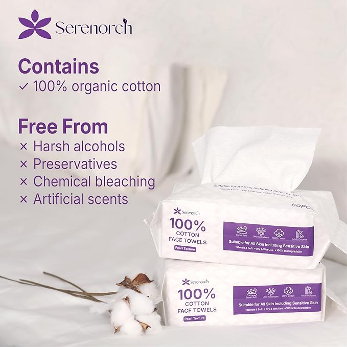 Serenorch 100% Cotton Disposable Face Towels, Soft Cotton Tissue for Sensitive Skin, Daily Cleansing & Makeup Removal, dry wipes for baby