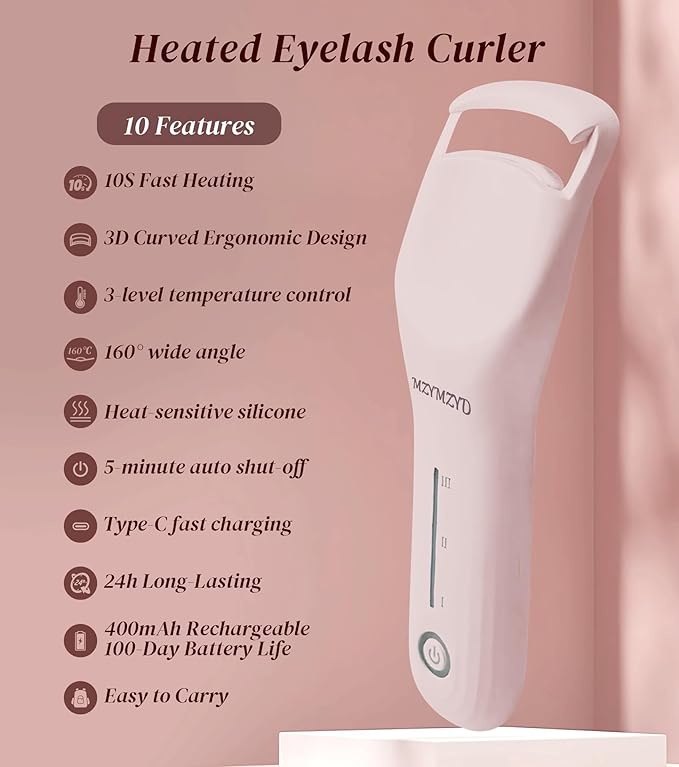MZYMZYD Heated Eyelash Curler, Eyelash Curlers with 3 Temp Settings, 10S Quick Heat-Up, 24H Long-Lasting Natural Curl, Type-C Recharge, Mini Electric Eyelash Curler for Women - Pink