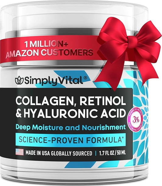 SimplyVital Collagen, Retinol & Hyaluronic Acid Cream - Anti-Aging Face Moisturizer for Face, Firming Skin Care Neck & Décolleté - Made in USA, Daily Moisturizer Face Cream Day & Night - 1.7 fl.oz.