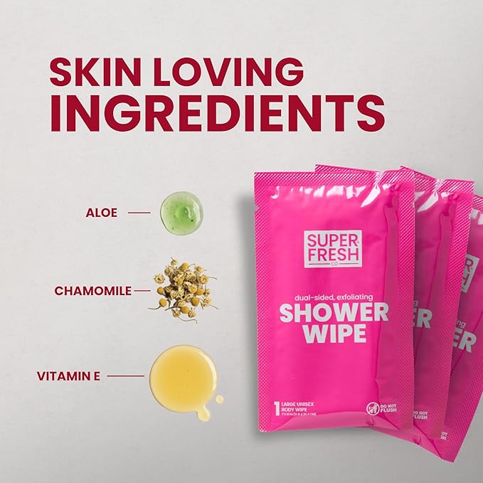 Super Fresh Shower Wipes Large Rosewater Body Wipes for No Rinse Bathing Personal Hygiene Gym Travel or Camping Enriched with Aloe and Vitamin E 10 Individually Wrapped Disposable Sheets