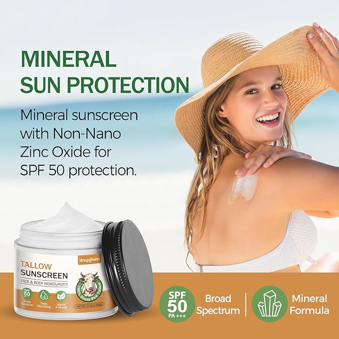 Beef Tallow Sunscreen SPF 50 - Organic Mineral Sunscreen with Zinc Oxide - Non-Toxic Natural Sunblock for Face & Body - Water Resistant, Reef Safe, Moisturizing for Dry and Sensitive Skin