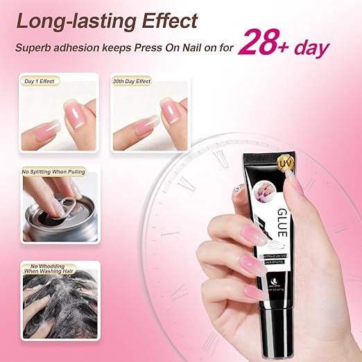 Semi Solid Nail Glue for Press-On Nails, No U V Lamp Needed, Quick-Drying Gel for Long-Lasting Fake Acrylic Nails, Includes Remover