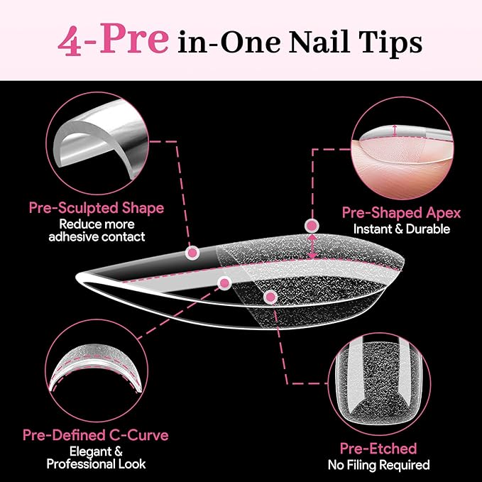 Qiek Short Almond Pre-Building Nail Tips, 15 Sizes 240 PCS Pre-shaped Apex Clear Soft Press On Fake Nail Half Matte Gel Nail Extensions Strong Thick Acrylic Tip for DIY Beginners & Salon Manicure