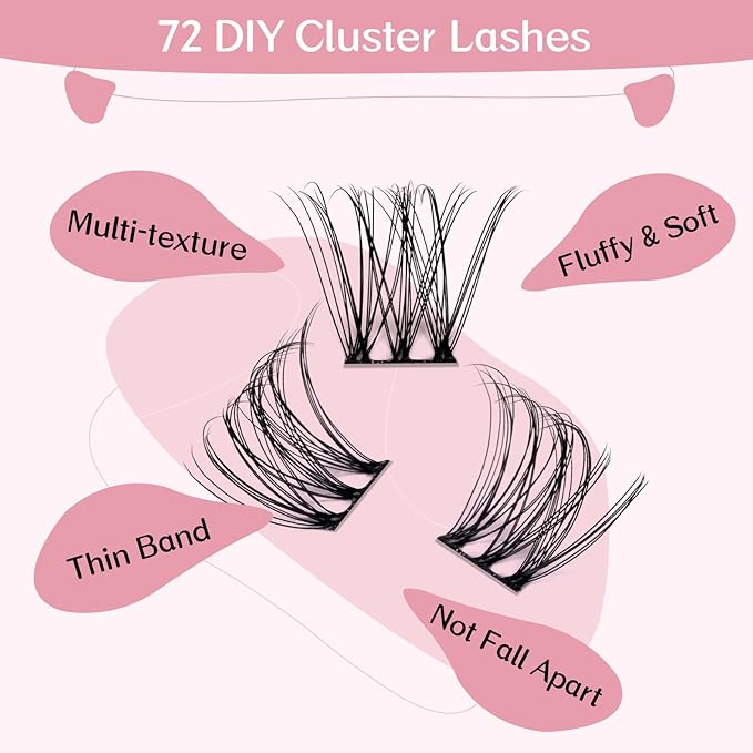 Cluster Lashes, 72 Pcs Individual Lashes, Lash Clusters DIY Eyelash Extension, Super Thin Band Reusable Soft & Comfortable (Romantic-D-8-16mix)