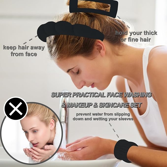Canitor Sponge Spa Headbands Wristband Set with Hair Clips Skincare for Washing Face Non Slip Puffy Terry Cloth Makeup Headband Face Wash Wrist Bands Cute Trendy Stuff (black)