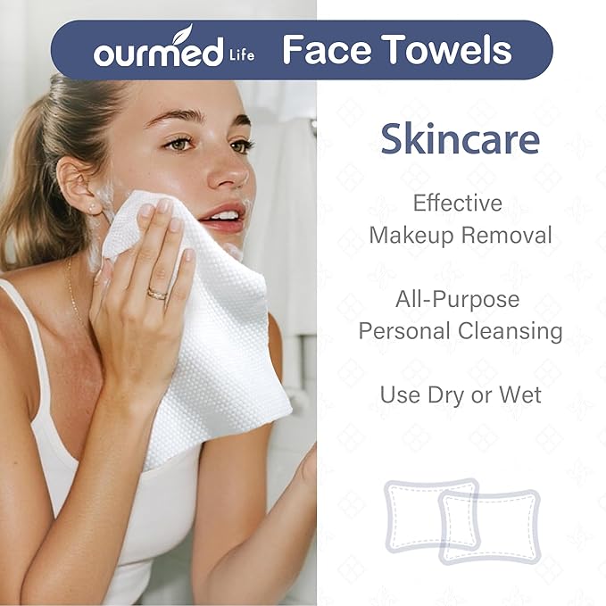 Ourmed Life Face Towels, 11"×9" Disposable Face Towel – Ultra-Soft, Thickened Facial Towelettes, Lint-Free Dry Wipes for Sensitive Skin, Ideal for Makeup Removal & Skincare (50 Count, 1 Pack)