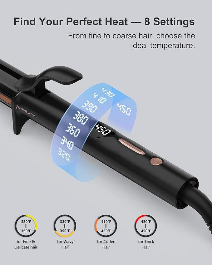 ANNLARY 1.25 Inch Curling Iron, 1 1/4 Titanium Ceramic Hair Curler, Fast Heating Curling Wand with 8 Heat Settings with LED Display for All Hair Types Dual Voltage 110-240V for Travel