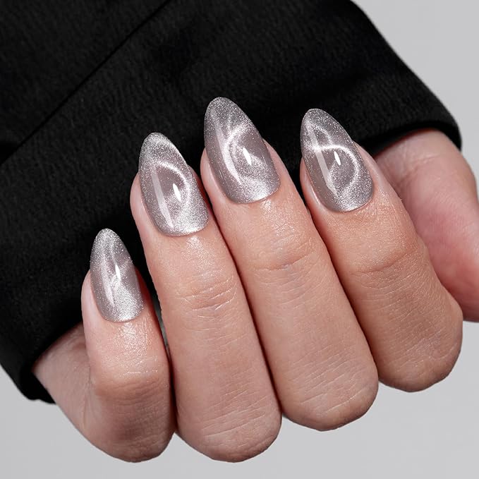 VSALON Press On Nails Short Almond, 32 Pcs 16 Sizes Cat Eye Press On Nails Silver Shimmer Ribbon Sparkly Fake Nails With UV Glue Reusable Stick On Nails Semi-transparent Valentines Gifts For Women