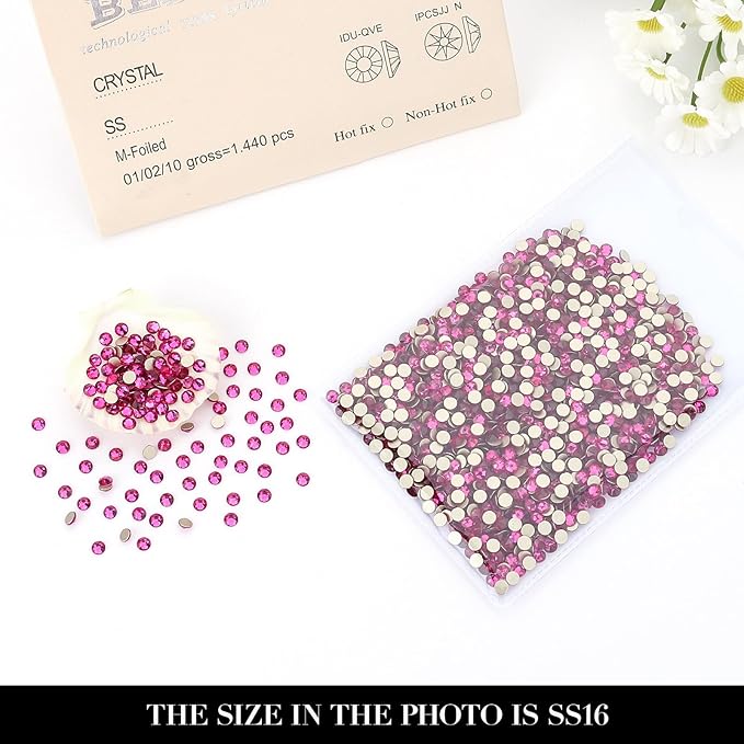 Novani Fuchsia Rhinestones 1440pcs Flat Back Round Rhinestone Style 2088 Sparkly Crystal Gemstones for Nail Art and Crafting SS16,3.8-4.0mm