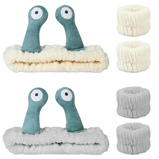 Snail Face Wash Headband Skincare & Wrist Bands for Washing Face Set Cute Spa Headband for Women and Wrist Faces Wash Bands for Shower, Facial Cleaning, Soft Coral Fleece Makeup Headbands,Beige & Grey