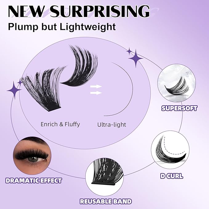 B&Q Fluffy 200DLash Clusters Thick Volume Eyelash Clusters 10-18mm, D Curl Cluster Eyelash Extensions, Supersoft Individual Lashes Wispy Cluster Lashes Dramatic Full Look Eyelash（200D）