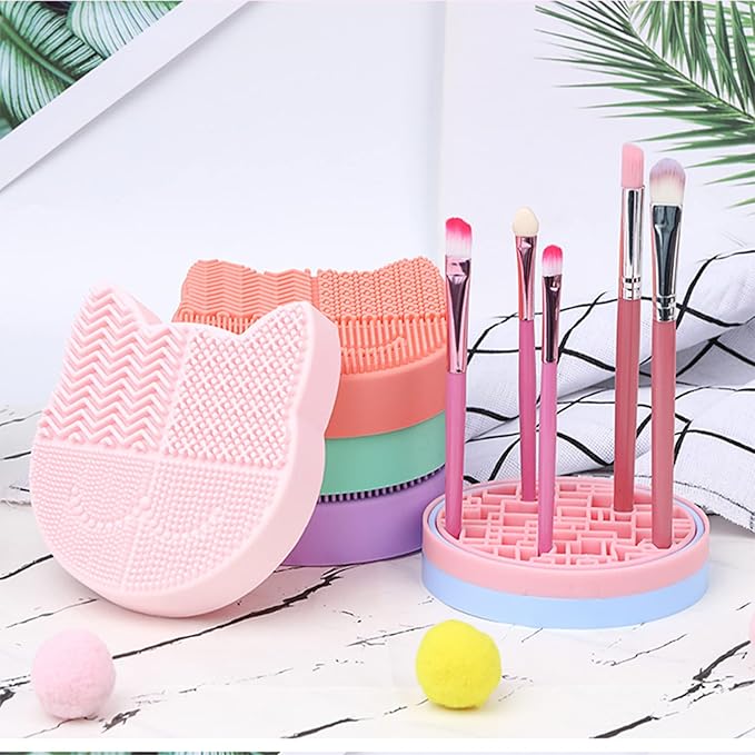 Silicon Makeup Brush Cleaner Mat with Portable Cat Shaped Cosmetic Brush Cleaning Pad Holder - Light Green