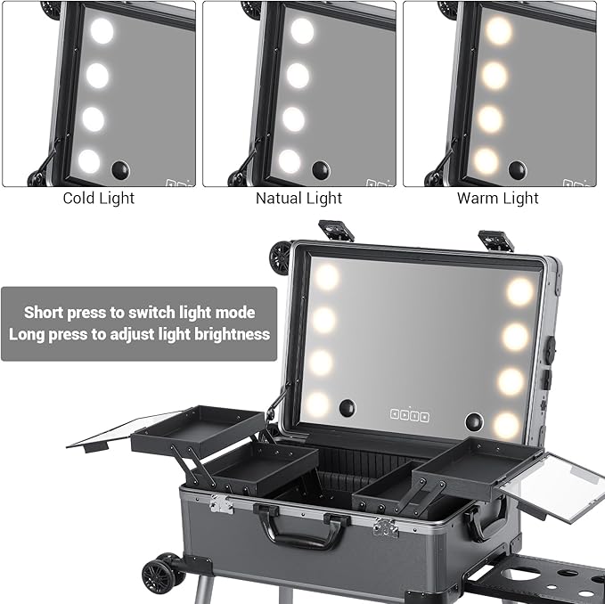 Rolling Makeup Train Case with Lighted Mirror and Bluetooth Speaker Professional Cosmetic Organizer Case with Wheels, Stands Portable Makup Station Vanity for Travel (Gray, Small)