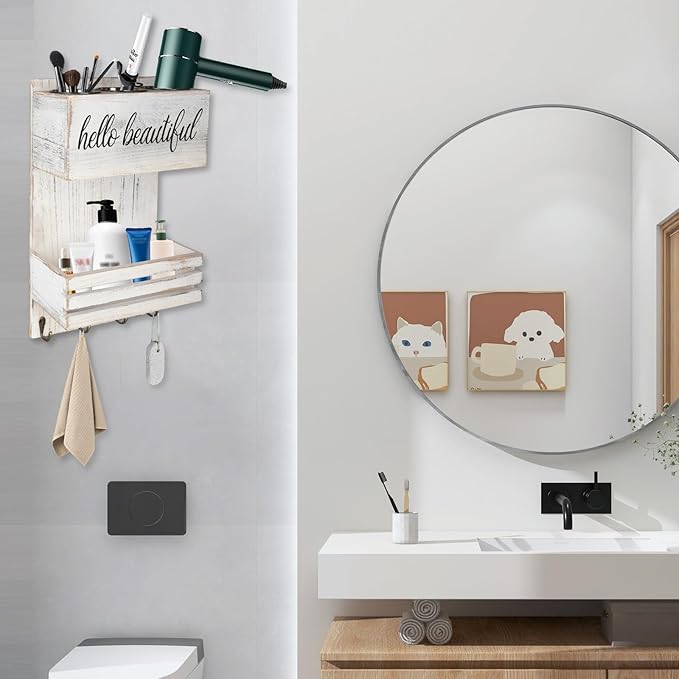 Wooden Hair Dryer Holder Wall-Mounted - 2 Tier Bathroom Storage Shelf Cosmetic & Hairdressing Tools Organizer for Bathroom Countertop/Vanity (White)