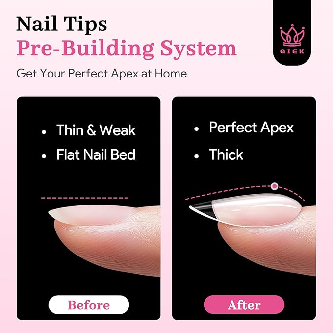 Qiek Medium Almond Pre-Building Nail Tips, 15 Sizes 240 PCS Pre-shaped Apex Clear Soft Press On Fake Nail Half Matte Gel Nail Extensions Strong Thick Acrylic Tip for DIY Beginners & Salon Manicure