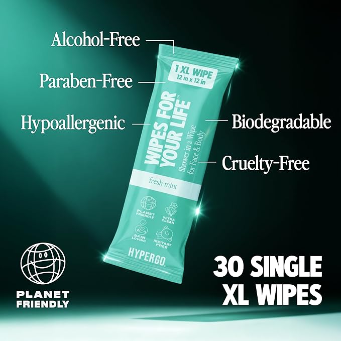 HyperGo XL Body Wipes for Women & Men – 12" x12" Rinse-Free Full Body Cleansing 30 Count Pack - Unscented | Biodegradable, Hypoallergenic, Aloe-Infused | Gym, Festival, Camping Essentials