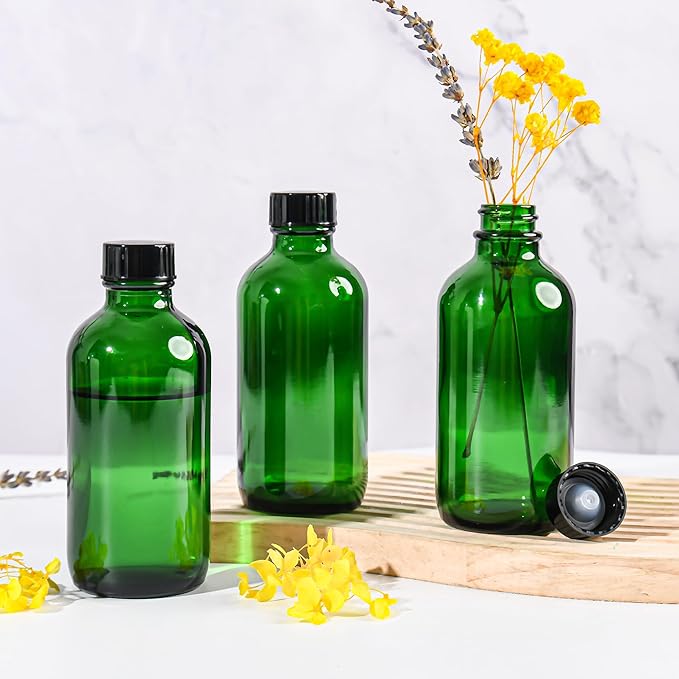 Exlvanto Small Glass Bottles with Lids Boston Round Shot Bottles for Health, Immunity, Ginger Juice, Essential Oils, Potion - Leak Proof Mini Travel Containers (Green UV, 4oz-12Pack)
