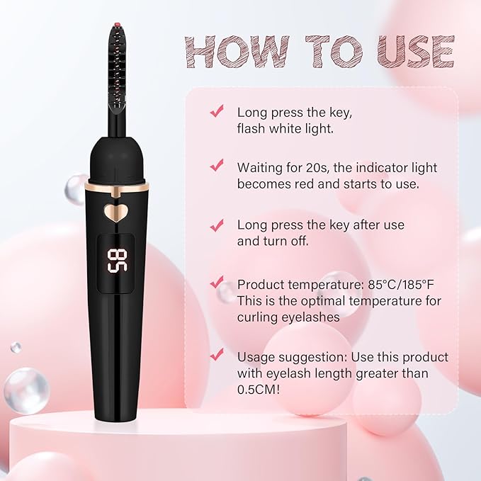 ShenlanBolt Heated Eyelash Curler for Women, Electric Lash Curler with 10s Fast Heating, 4 Adjustable Temp (65°C-95°C), 24H Curl, USB-C Rechargeable, Ergonomic Design, Travel-Friendly Makeup Tool Gift