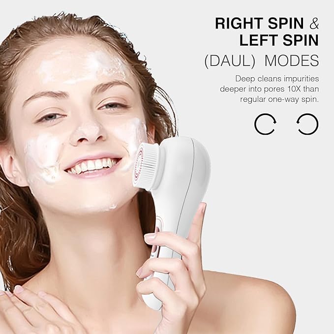 Face Scrubber Exfoliator, Rechargeable Facial Cleansing Brush with 2-Way Rotation & 3 Modes, 30-Day Runtime, 5 Brush Heads for SPA-Level Care, IPX7 Waterproof, Deep Cleaning for All Skin Types