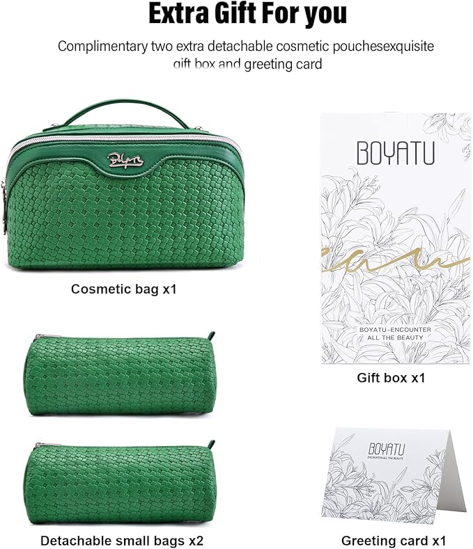 BOYATU Travel Makeup Bag Cosmetic Bags for Women: Large Capacity 3 Pcs Set Make up Bag with Compartments - Waterproof Vegan Leather Toiletry Organizer Bags with Handle (L12 Green)