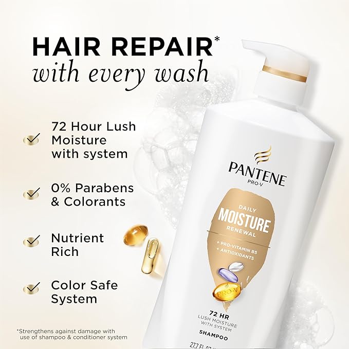 Pantene Shampoo, Daily Moisture Renewal - Pro-V Nutrients for Dry, Color-Treated, Straight to Curly Hair, 72-Hour Hydration & Softness, Paraben Free, Cleanses, Strengthens Bonds, 27.7 Fl Oz