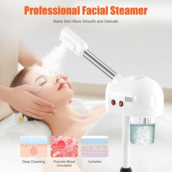 Facial Steamer & Professional Ozone Face Steamer, Adjustable Height Steamer on Wheels with 360° Rotating Nozzle and Hot Mist Function, Home and Salon Use Facial Care Equipment