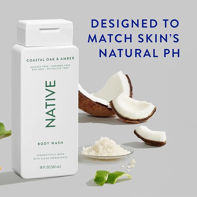 Native Body Wash Contains Naturally Derived Ingredients | For Women & Men, Sulfate, Paraben, & Dye Free Leaving Skin Soft and Hydrating | Coastal Oak & Amber 18 oz