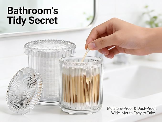 ESEHGS 2 Pack Glass Qtip Holder Dispenser Set - Bathroom Organizer for Cotton Swabs, Balls, Pads, Floss Picks - Clear Apothecary Jars for Vanity, Makeup Storage, Bathroom Accessories Decor (Clear)