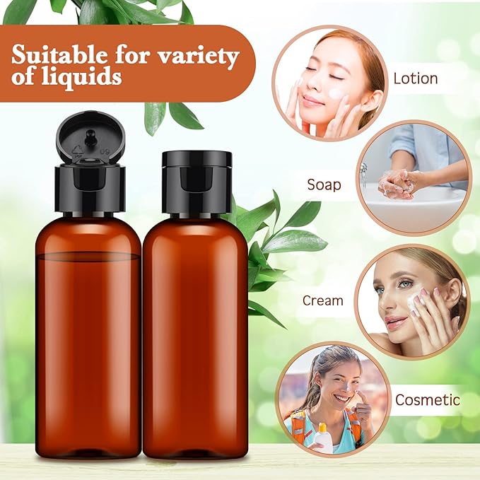 Eccliy 100 Pack 2 oz Plastic Bottles Travel Lotion Bottle Squeeze Container Plastic Bottles with Caps Small Travel Empty Refillable Toiletry Containers for Liquid Lotion Creams with 5 Funnels(Brown)