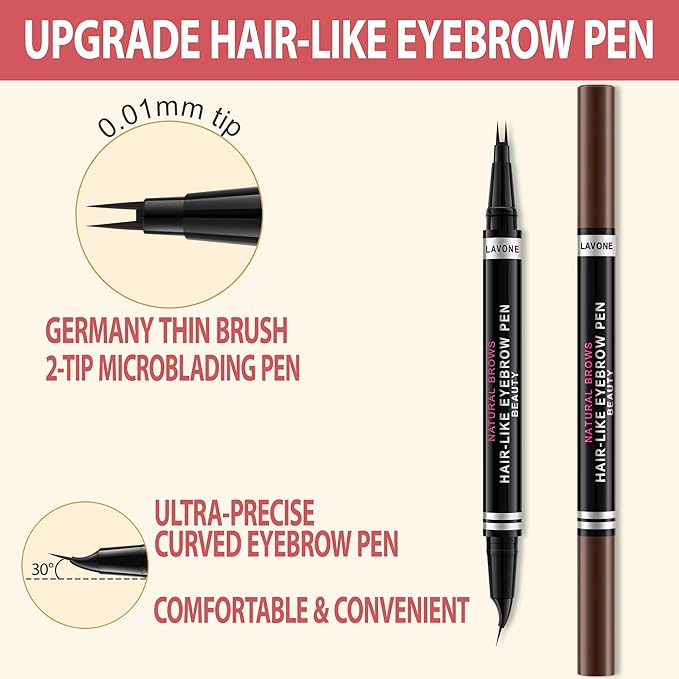 LAVONE Hair-Like Eyebrow Pen Makeup kit, Eyebrow Pencils for Women with Waterproof Microblading Eyebrow Pencil, Eyebrow Pomade, Eyeliner and Eyebrow Brush, Create Full, Natural Brows, Ebony