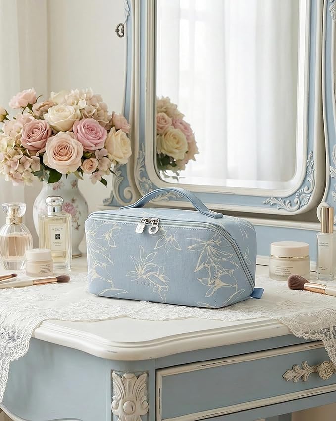 EACHY Travel Makeup Bag,Large Capacity Cosmetic Bags for Women,Waterproof Portable Pouch Open Flat Toiletry Bag Pattern Makeup Bag (F-Blue-Large)