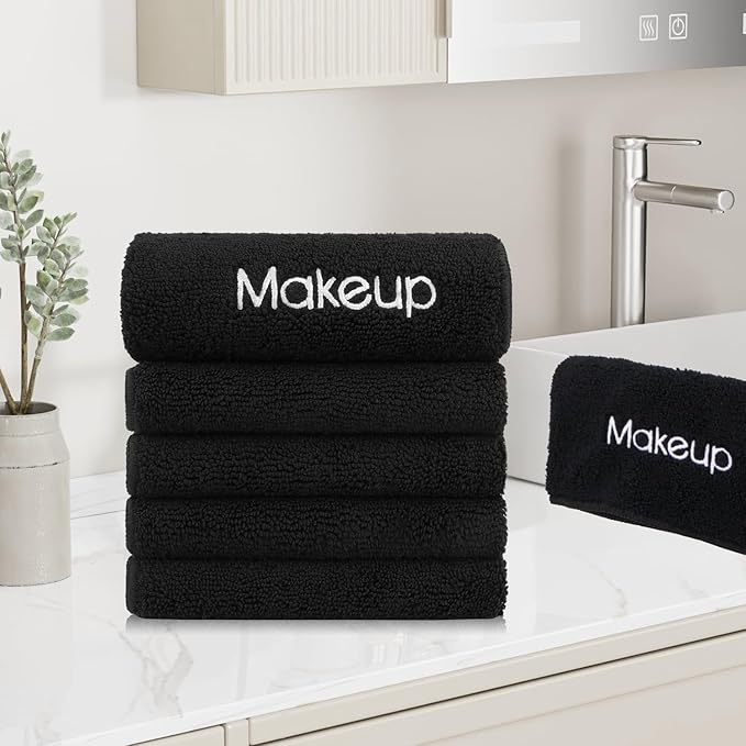 GLIMGLINT Makeup Remover Wash Cloths 5 Pack - Soft Microfiber Fingertip Facial Cleansing Cloths for Hand and Make Up, 13 x 13 in, Black